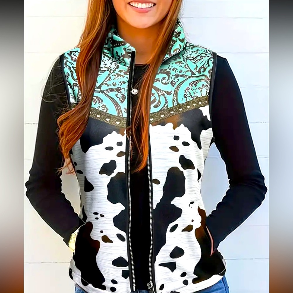 Women’s zip front western cow print vest